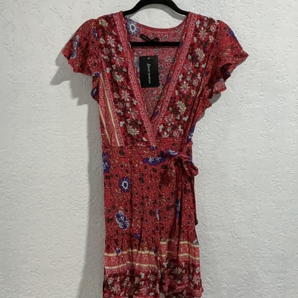 Red Flutter Sleeve V-Neck Wrap Sundress
